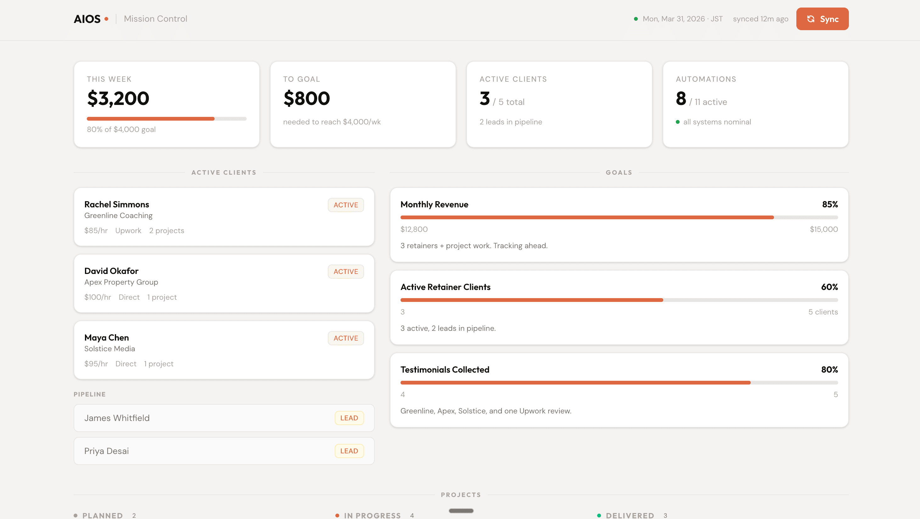 AIOS Mission Control dashboard showing clients, revenue, and automation health