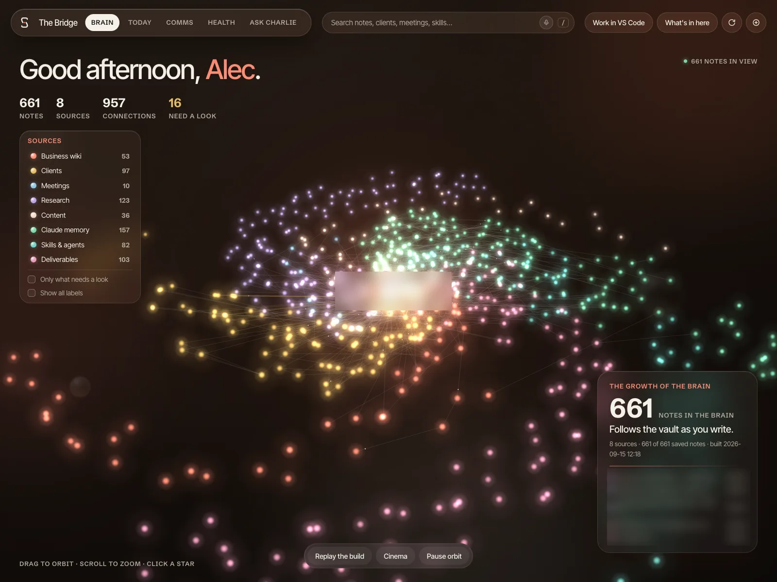 The Bridge dashboard: a 3D graph of the vault beside today's calendar and inbox