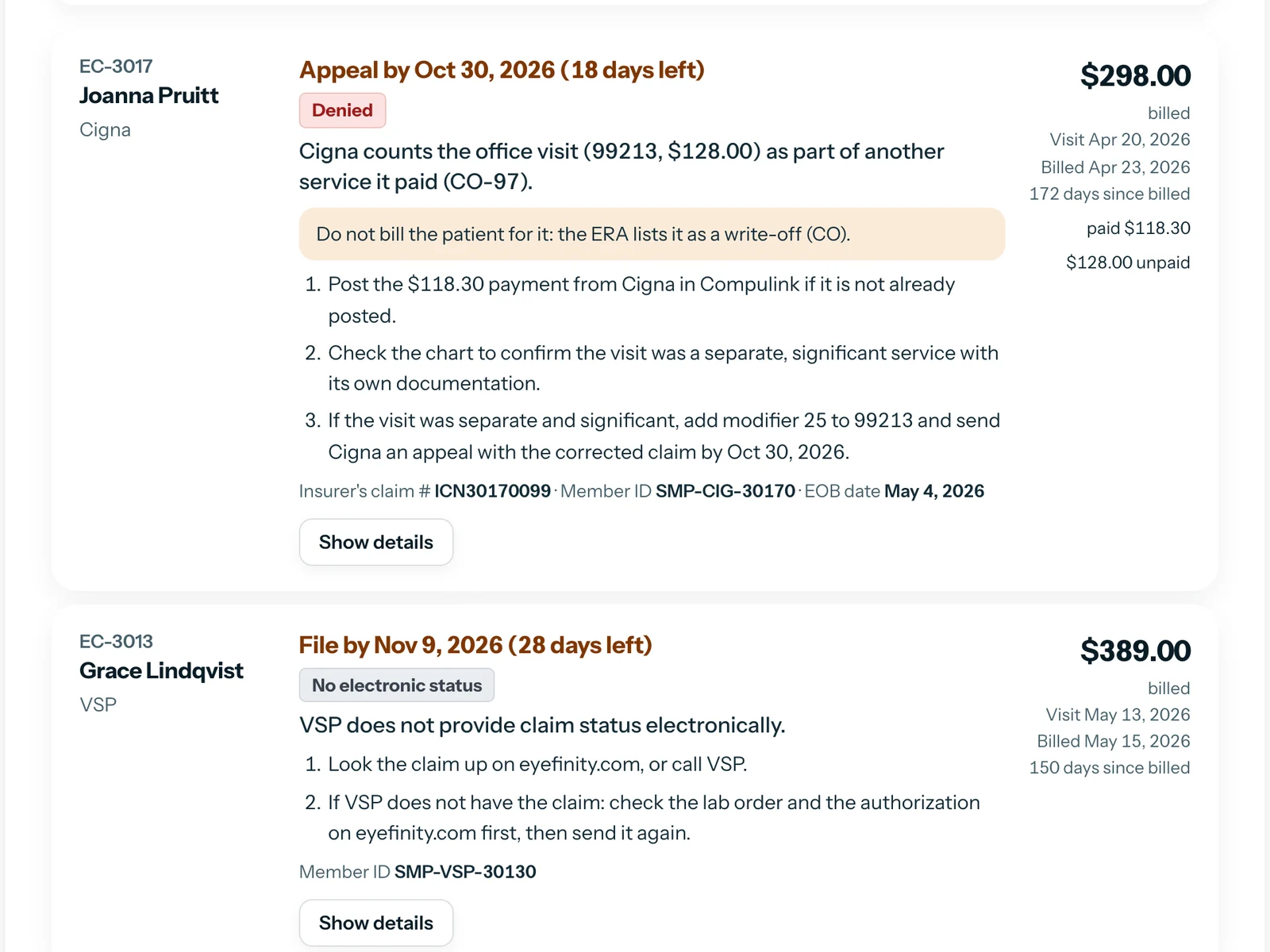 A denied Cigna claim with the reason in plain words, a note not to bill the patient, three numbered steps and an appeal deadline