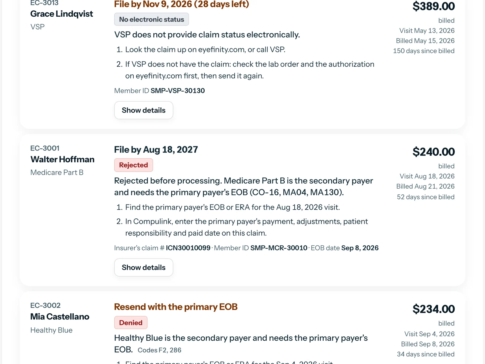 Claim cards for VSP with no electronic status, a Medicare secondary claim waiting on the primary EOB, and a Healthy Blue claim to resend
