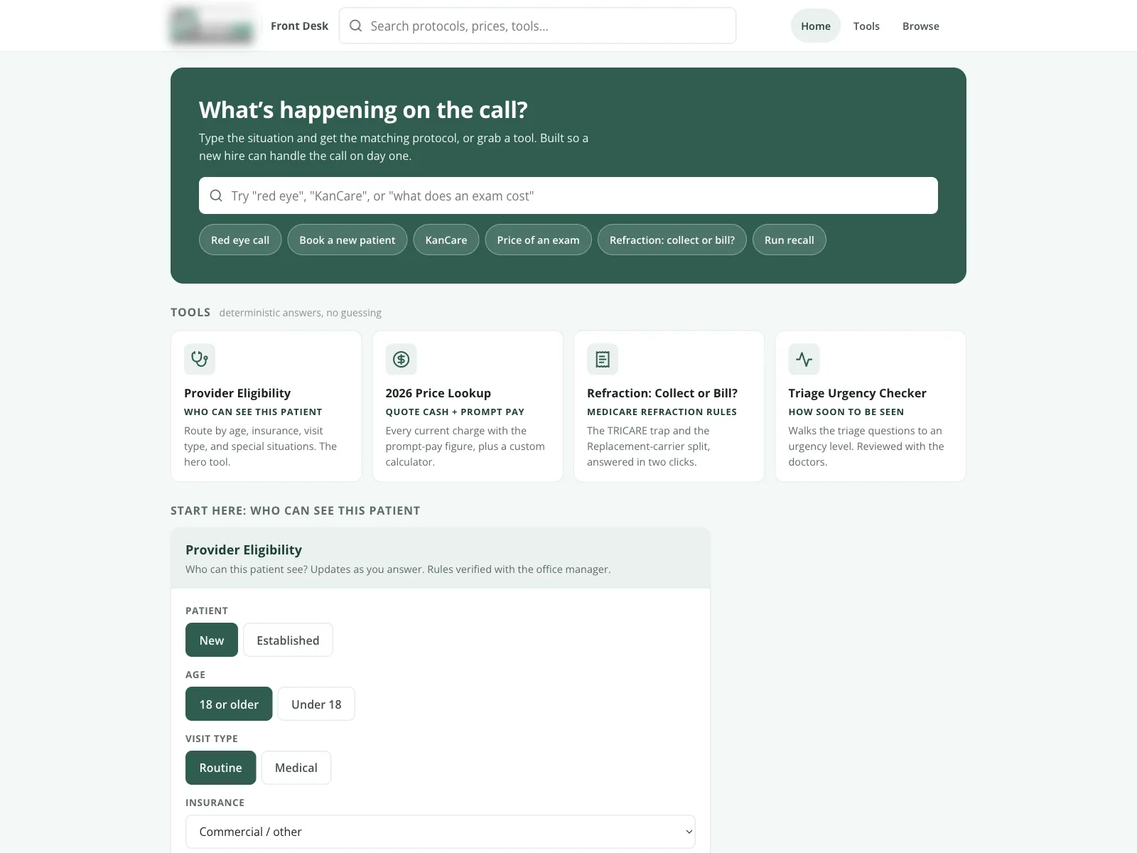 The front desk knowledge base home screen: a search box, quick-pick chips, and the four decision tools
